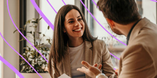 Woman and man speaking over computer